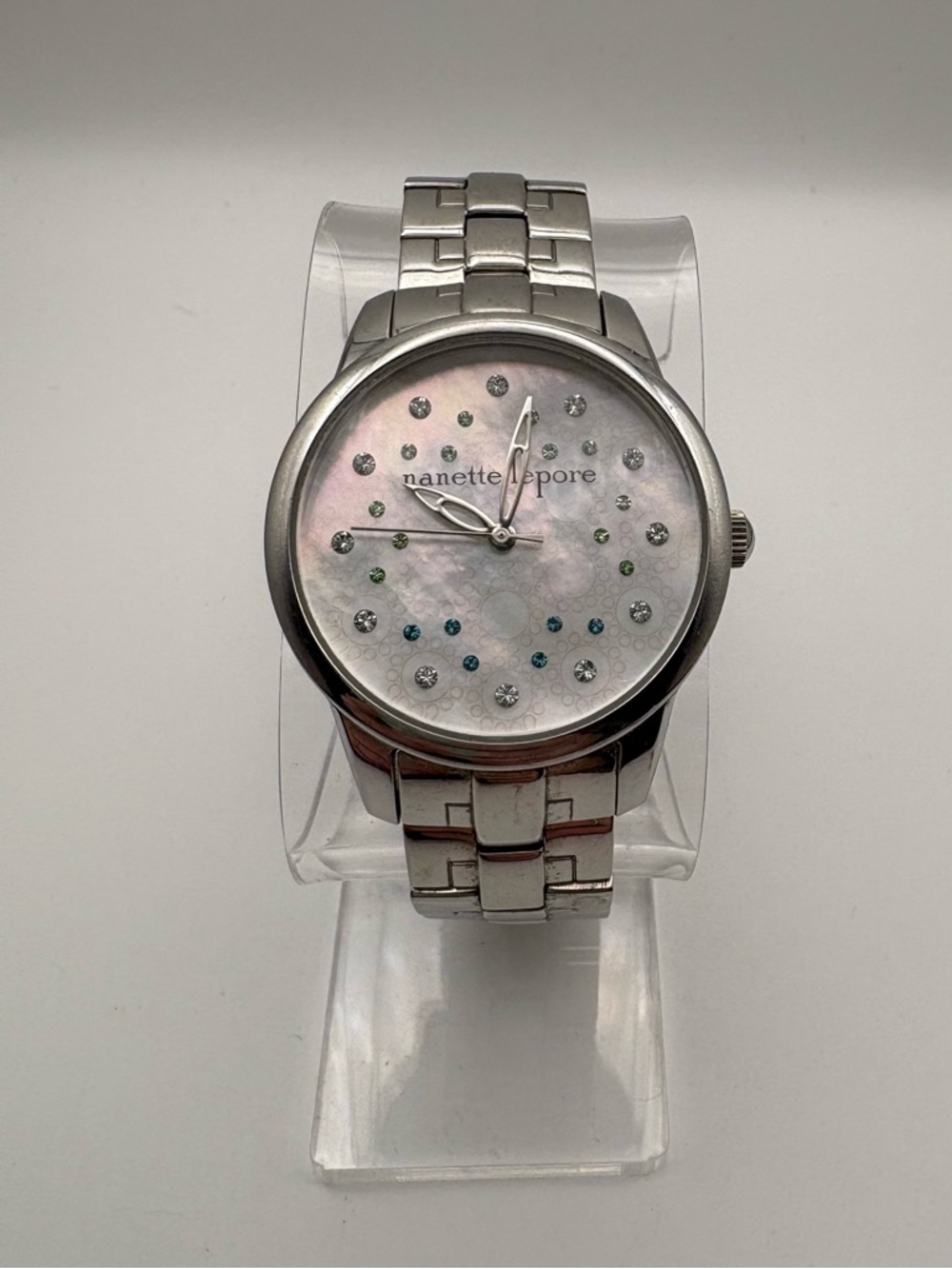 Nanette Lepore‎ Silver Stainless Steel Watch Mother-of-Pearl Dial Rhinestones